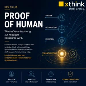 Teaserbild zum Beitrag „Proof of Human“ mit einer Person vor einem Schutzschild-Symbol. Die Grafik visualisiert Verantwortung als zentrale menschliche Ressource in einer zunehmend automatisierten und KI-gestützten Organisation.
