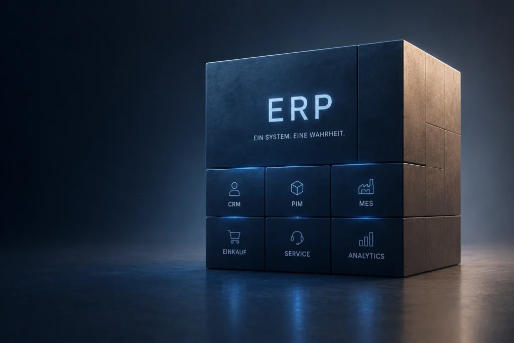 Großer zentraler Systemblock als Symbol für ein ERP-System, das Prozesse, Daten und Funktionen in einer einzigen Plattform vereint.