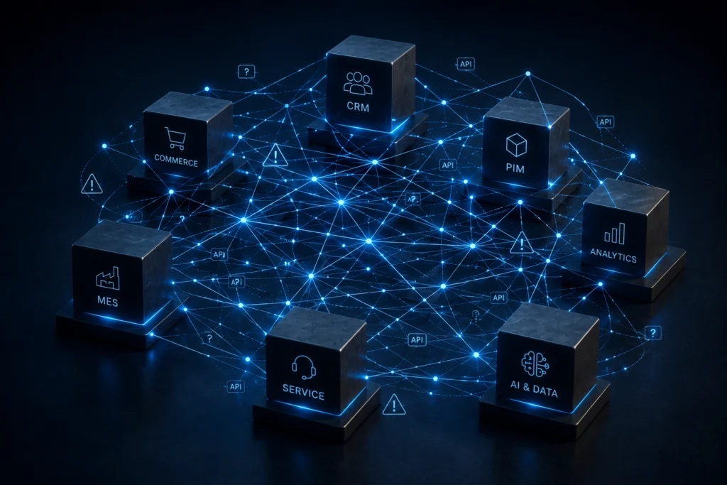 Mehrere Unternehmenssysteme sind durch zahlreiche Verbindungen miteinander vernetzt und erzeugen ein komplexes Netzwerk aus Abhängigkeiten.
