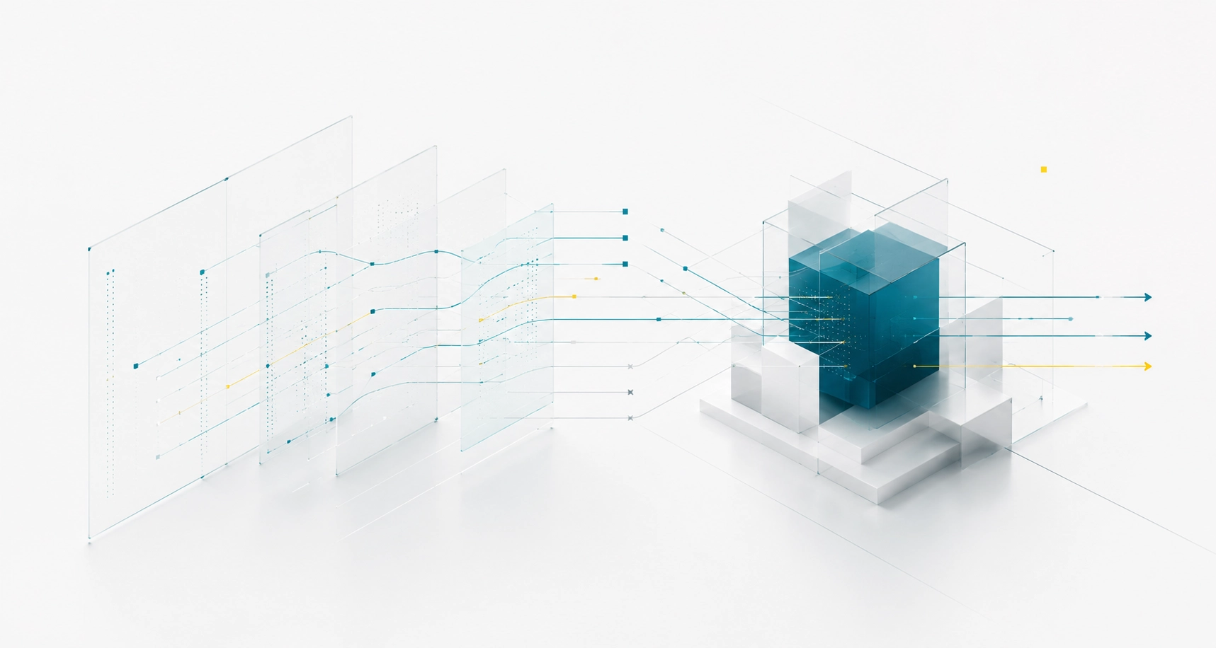 Transparente Ebenen, Datenlinien und ein zentraler Strukturkörper als Symbol für wachsende operative Komplexität