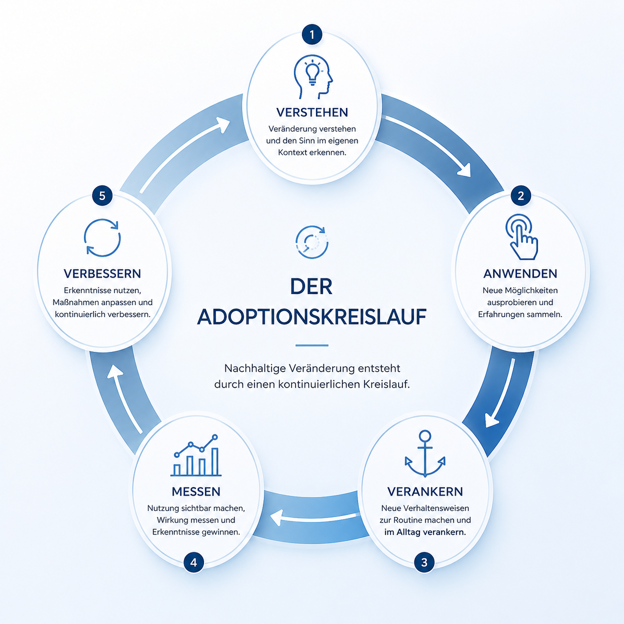 Kreisförmiges Framework mit den Phasen Verstehen, Anwenden, Verankern, Messen und Verbessern.