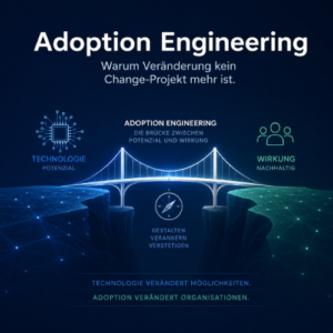 Visualisierung einer Brücke zwischen technologischem Potenzial und organisatorischer Wirkung. Die Grafik zeigt Adoption Engineering als verbindendes Element zwischen Technologie, Menschen und nachhaltiger Transformation.
