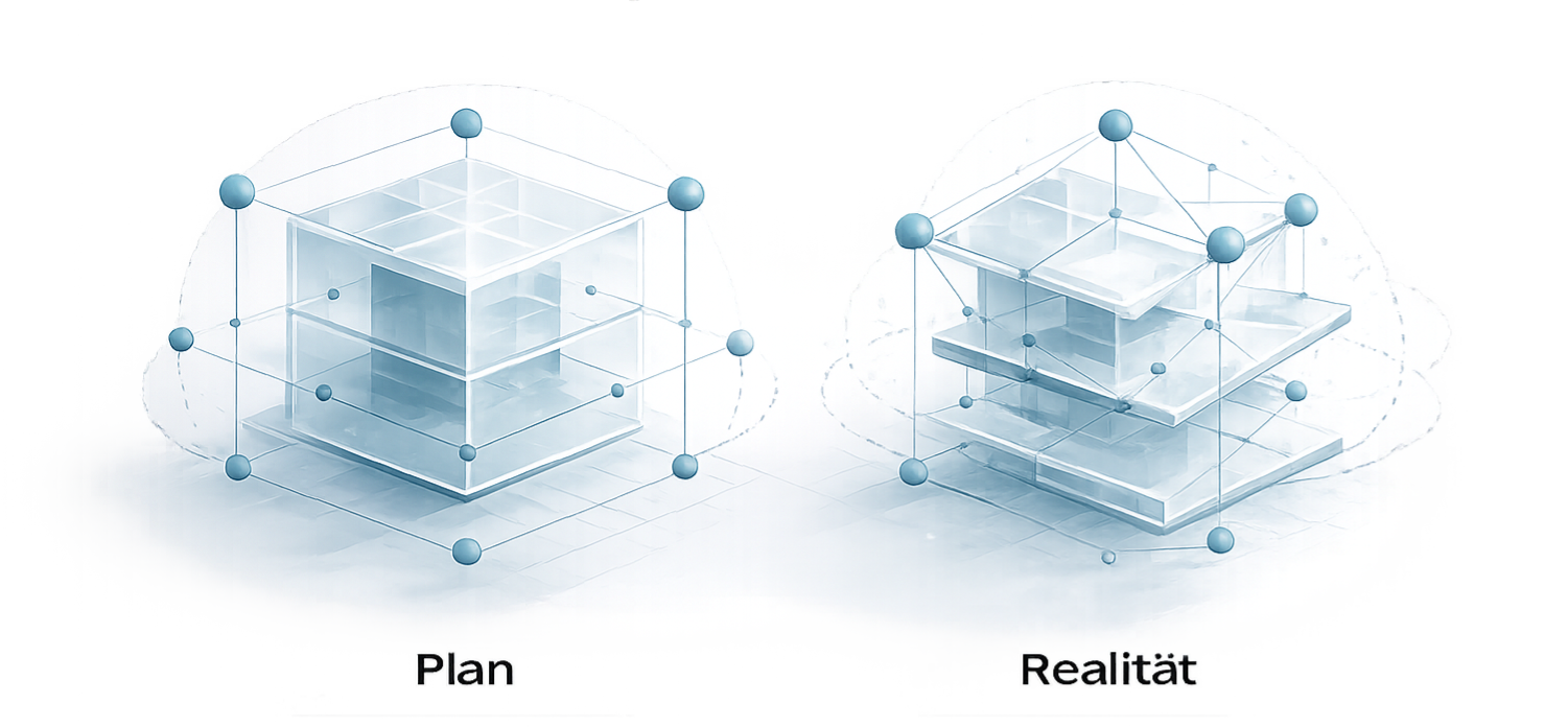 Zwei transparente Architekturmodelle zeigen den Unterschied zwischen geplantem Zielbild und operativer Realität